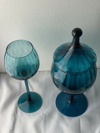 Vintage Empoli Optic Teal BLUE Covered Candy Apothecary Jar & Vase Art Glass 3