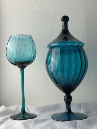 Vintage Empoli Optic Teal BLUE Covered Candy Apothecary Jar & Vase Art Glass 5