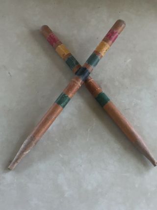 2 Vintage Croquet Stakes Posts 15 " Wood Painted Multi - Color