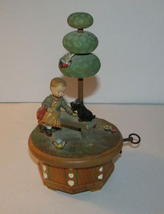 Vintage Anri Thorens Music Box Carved Wood Girl W/small Black Dog Tree 