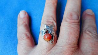 Vintage Sterling Silver Dragon Ring Set With An Orange Stone A88