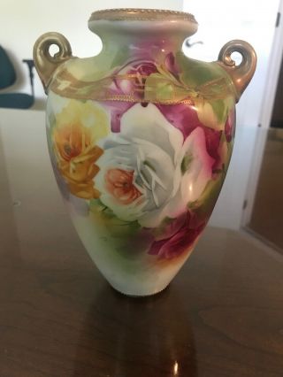 Vintage Nippon Hand Painted Double Handled Vase 8” Tall