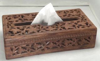 Vintage Hand Carved India Teak Wood Tissue Cover Box Boho Bohemian Global Decor