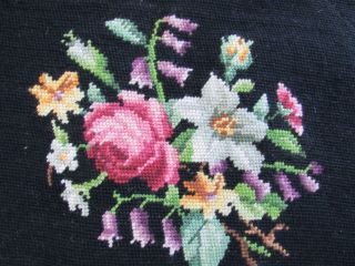 Vintage Rose Floral Needlepoint Nearly Completed Black Background Chair Seat