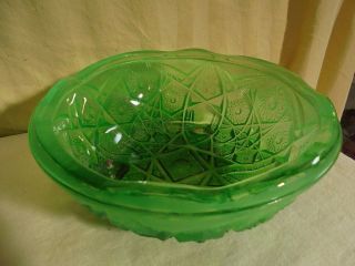 Vintage Mid Century Bright Green & Satin Glass Daisy & Button Footed Bowl