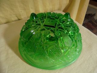 Vintage Mid Century Bright Green & Satin Glass Daisy & Button Footed Bowl 2