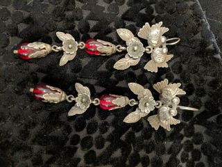 Vintage Sterling Silver And Garnet Bead Drop Earrings.  Native American Design.
