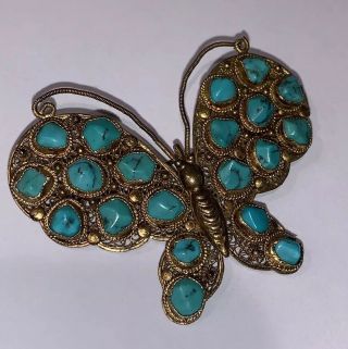 Vintage Navajo 800 Silver Turquoise Butterfly Pin Brooch
