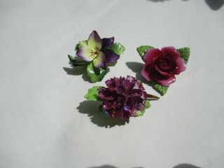 3 Vintage Bone China Flower Pins Made In England Marked Cara And Sylual