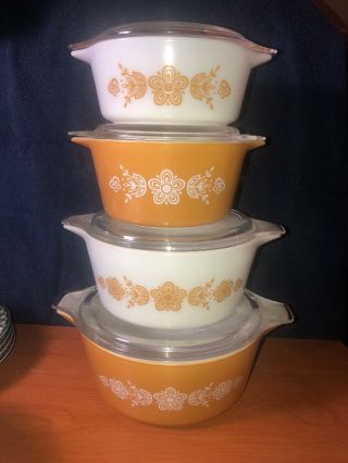 Vintage Pyrex Butterfly Gold Casserole Bowls Set Of 4 (472 473 474 475) W/ Lids