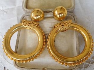 Fabulous Huge Vintage 1960s Gold Dangle Hoop Clip On Earrings