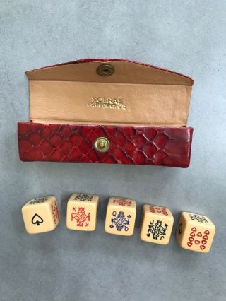 Vintage English Set Of 5 Poker Dice Red Leather Case From London,  England