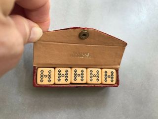 Vintage English set of 5 poker dice red leather case from London,  England 2