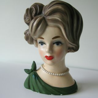 Vintage Napcoware Lady Head Vase Green Dress Blue Eyes 8 " Tall C7294