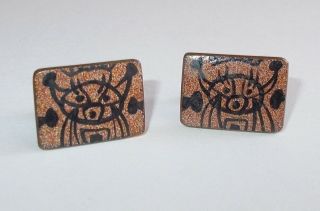 Vintage Ki Ley Copper Cufflinks - Rectangles - Enamel Figure - Petroglyph? - Unusual