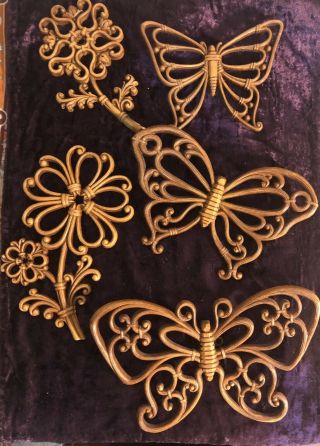 Vintage Mid - Century Modern Homco Rattan Butterfly & Syroco Flower Wall Decor