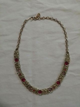 Vintage 1950 ' s CORO Signed Pink & Gold Metal Link Choker Necklace 2