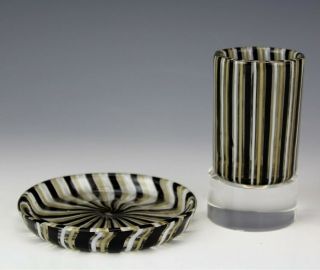 Vtg Murano Italian Art Glass Black White Striped Cigarette Cup Ashtray Set Wsc
