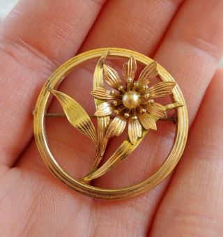 Vintage Krementz Signed Rose & Yellow Gold Two Tone Round Flower Leaf Brooch Pin