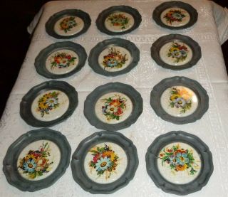 Set Of 12 Vintage Rein Zinn Pewter Coasters,  Ceramic Insert Flowers,  Angel Mark