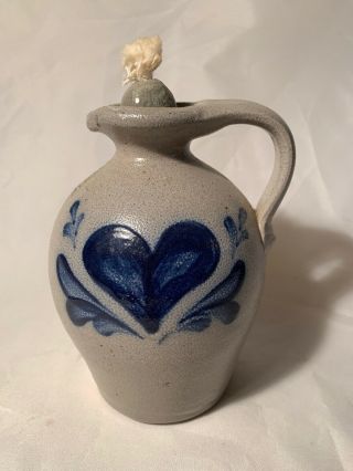 Vintage Rowe Pottery Oil Bottle Lamp Oil Pitcher Jug Gray Blue Heart