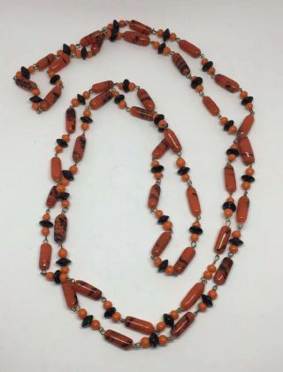 Vintage Murano Or Czech Deco Glass Orange & Black Beads Flapper Necklace 52”