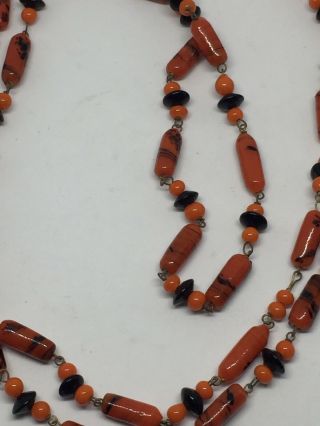 Vintage MURANO or CZECH DECO Glass Orange & Black Beads Flapper Necklace 52” 2