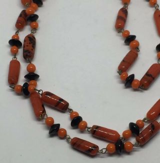 Vintage MURANO or CZECH DECO Glass Orange & Black Beads Flapper Necklace 52” 3