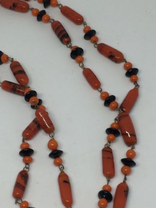 Vintage MURANO or CZECH DECO Glass Orange & Black Beads Flapper Necklace 52” 4