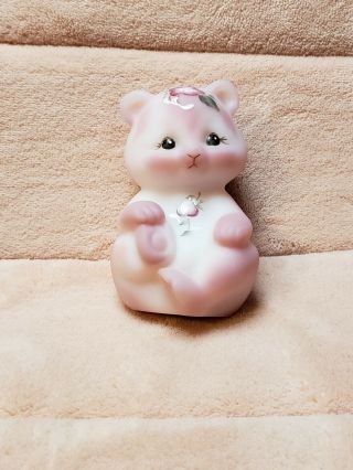 Vintage Fenton Burmese Satin Pink Hand Painted Bear Signed And With Tag