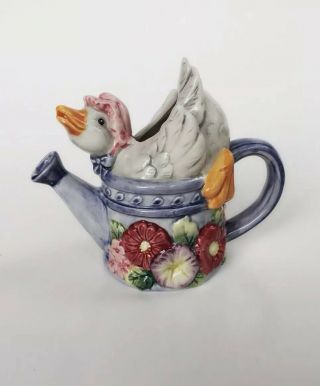 Vintage Fitz And Floyd Ceramic Duck Tea Pot/ Watering Can Florals
