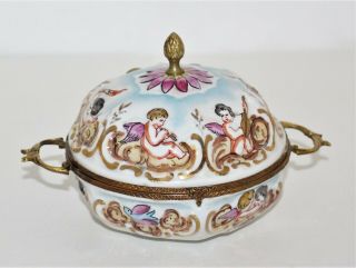 Vintage French Capodimonte Style Hand Painted Porcelain Hinged Handled Box
