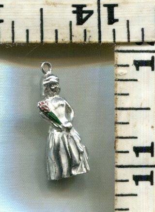 Vintage Sterling Bracelet Charm 94467 Enameled Woman With Bouquet Of Flowers