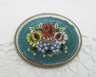 Vintage Pretty Blue Micro Mosaic Oval Floral Brooch Set In Silver