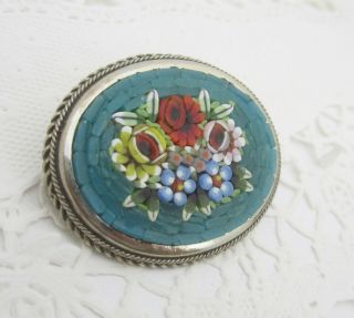Vintage Pretty Blue Micro Mosaic Oval Floral Brooch Set in Silver 2