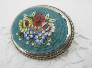 Vintage Pretty Blue Micro Mosaic Oval Floral Brooch Set in Silver 4
