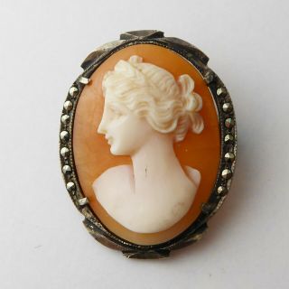 Vintage 800 Silver,  Marcasite & Natural Shell Cameo Pendant Brooch