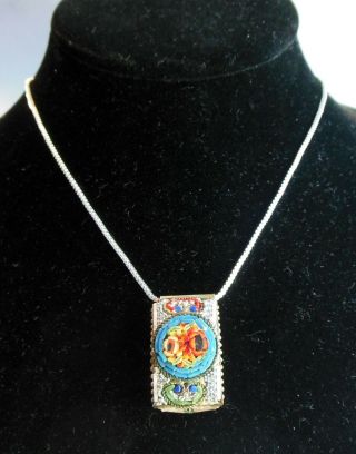 16 " Inch Sterling Silver Necklace,  Vintage Italian Glass Micro Mosaic Pendant