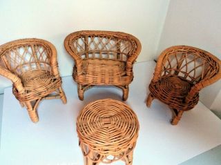 Vintage Furniture Cane Wicker Chairs Coffee Table Suits Barbie Sindy Doll House