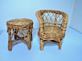 Vintage Furniture CANE WICKER chairs coffee table suits Barbie Sindy doll house 4