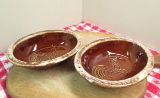 Vintage 2 Hull Oven Proof Brown Drip 6 3/4 " Rooster Oval Bake Serve Bowls Exc