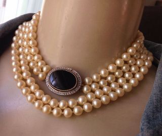 Vintage Necklace Signed Panetta Long Knotted Pearls Rhinestone Clasp Pendant