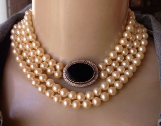 Vintage Necklace Signed Panetta Long Knotted Pearls Rhinestone Clasp Pendant 2
