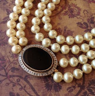 Vintage Necklace Signed Panetta Long Knotted Pearls Rhinestone Clasp Pendant 4