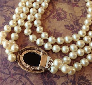 Vintage Necklace Signed Panetta Long Knotted Pearls Rhinestone Clasp Pendant 5