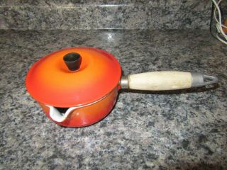 Vintage Le Creuset France Orange Cast Iron Enamel Pot W/lid Wood Handle