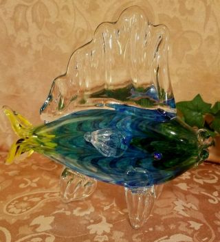 Vintage Hand Blown Glass Art Blue,  Green And Yellow Fish