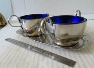 Vintage Set Of 5 Cobalt Blue Glass & Stainless Steel Creamer Sugar Tray England