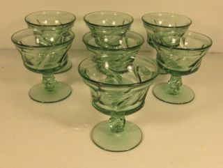Vintage Fostoria Sherbert Dessert Dish Glass Set (7) Green Swirl Jamestown Vgc