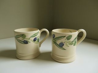 Vtg Pair Emma Bridgewater Olives 1/2 Pint Mugs Hand Decorated Spongeware C1997
